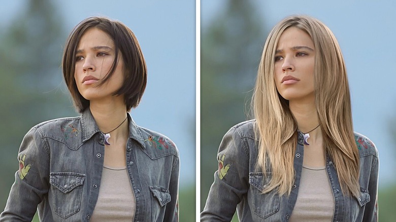 Side-by-side of Kelsey Asbille with a brunette bob as Monica in "Yellowstone," and Photoshopped with long blond hair.