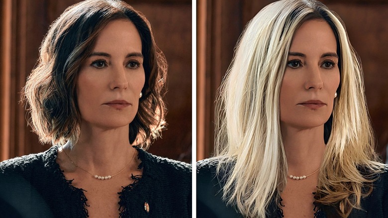 Side-by-side of Wendy Moniz with short dark hair in "Yellowstone" and Photoshopped with blond balayage.