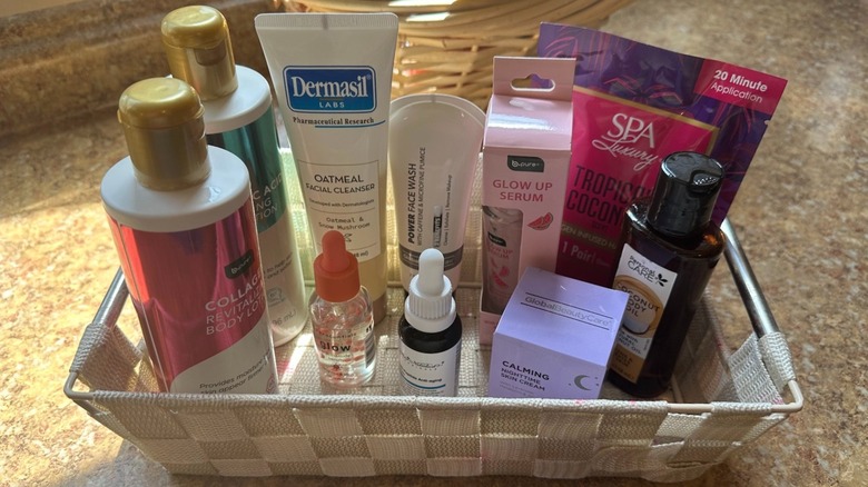 10 skincare products from Dollar Tree nestled into a bathroom organizer