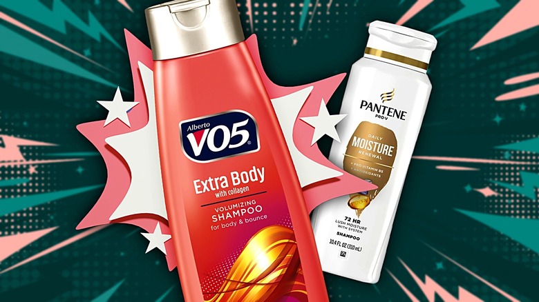 A bottle of VO5 shampoo with sparkles around it with a bottle of Pantene shampoo in the background