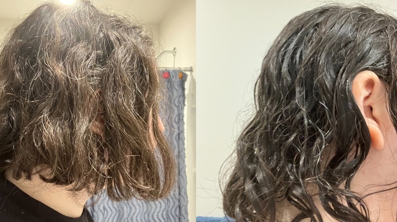 Curly hair before and after using VO5 volumizing shampoo