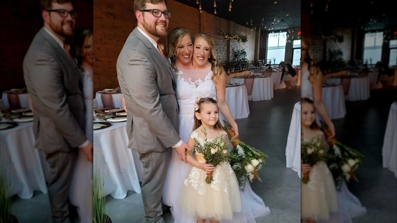 Josh Bowling stands next to Abby and Brittany Hensel on their wedding day and poses for a photo with his daughter Isabella
