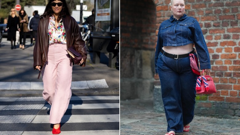 Two women wearing denim with red accessories