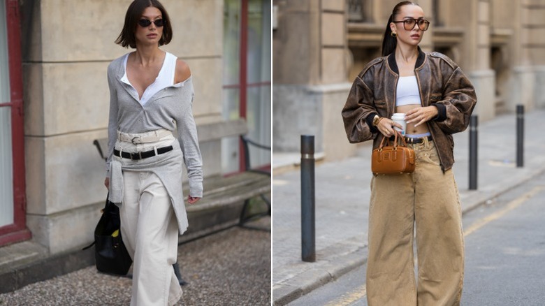 A woman wears cream jeans and one in tan denim