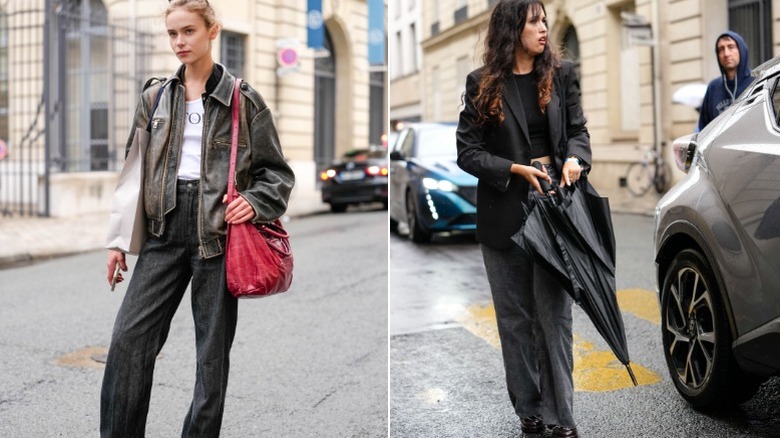 Two women wearing gray jeans
