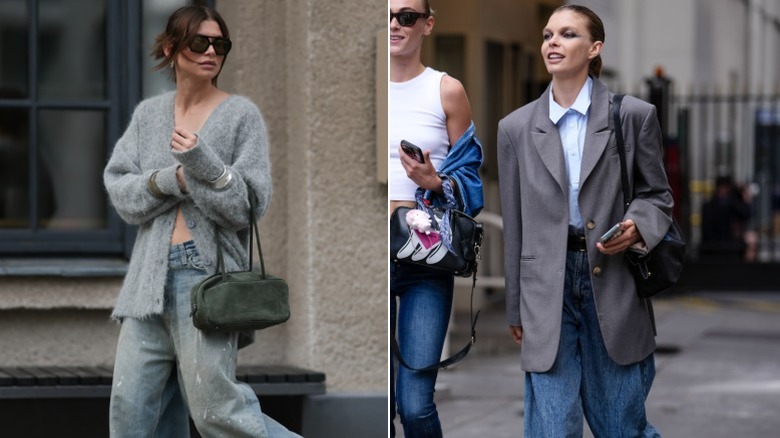 A woman wears an oversized cardigan over jeans, and another wears a big blazer over baggy jeans