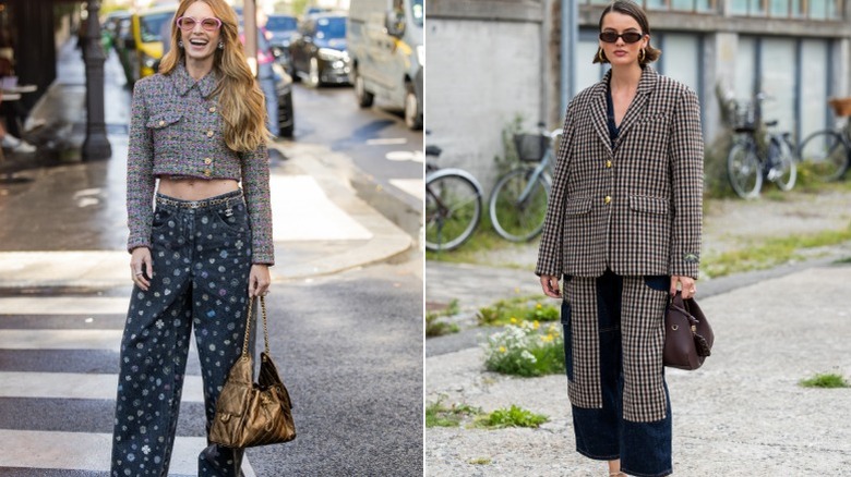 Two women wearing patterned jeans