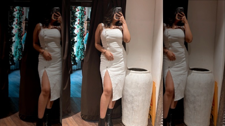 woman wearing white denim dress