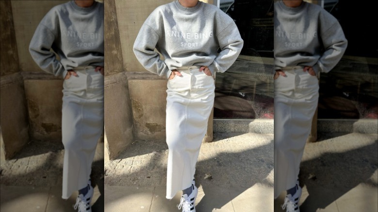 woman wearing white denim skirt