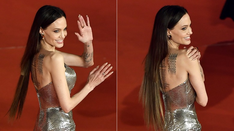 Side-by-side of Angelina Jolie walking the red carpet with unblended extensions.