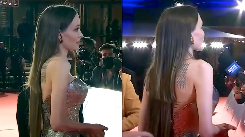 Side-by-side of Angelina Jolie's choppy extensions at the Rome Film Festival in 2021.