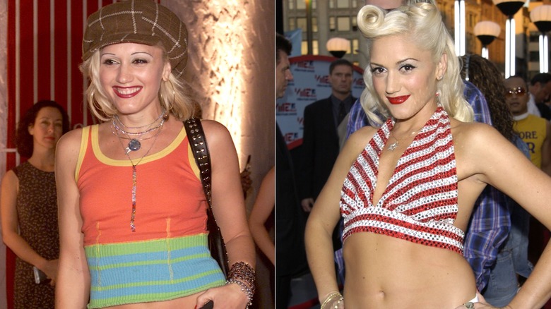 Gwen Stefani wearing a brown hat and a red-and-white-striped bikini-style top