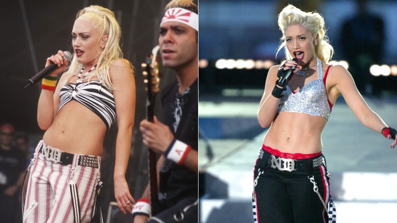 Gwen Stefani wearing striped pants and bikini-style tops