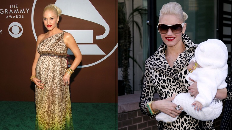 Gwen Stefani wearing a leopard-print dress and holding her child in a leopard-print jacket