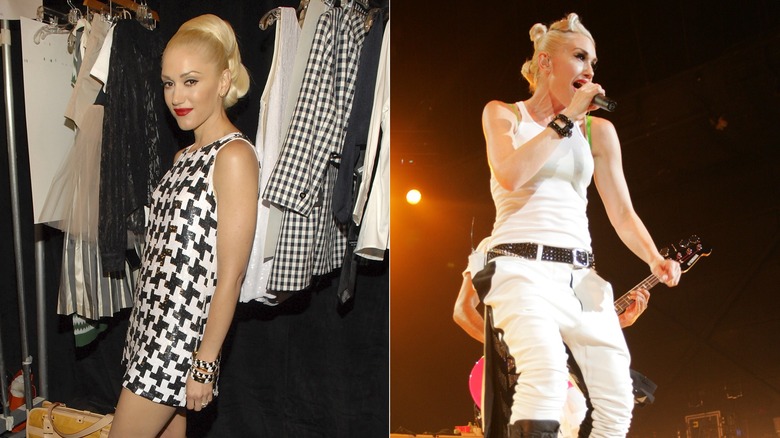 Gwen Stefani wearing a black-and-white minidress and a white tank top