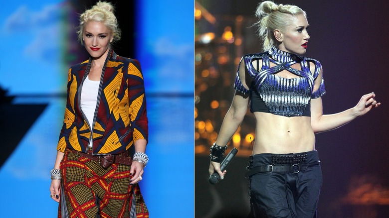 Gwen Stefani wearing colorful outfits accentuated with statement bracelets