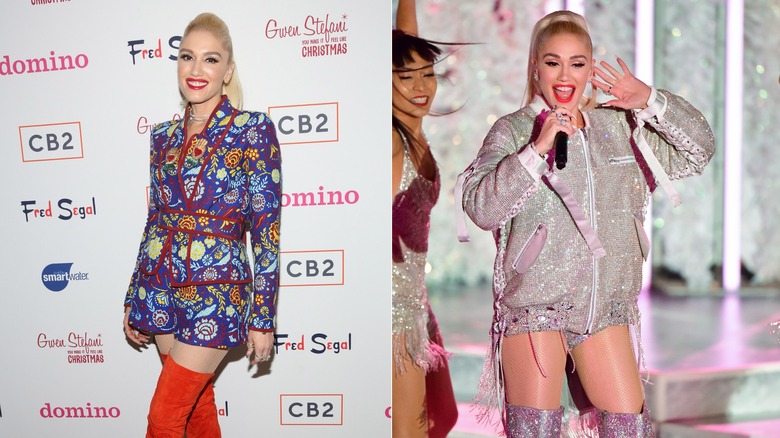 Gwen Stefani wearing eclectic outfits with thigh-high boots