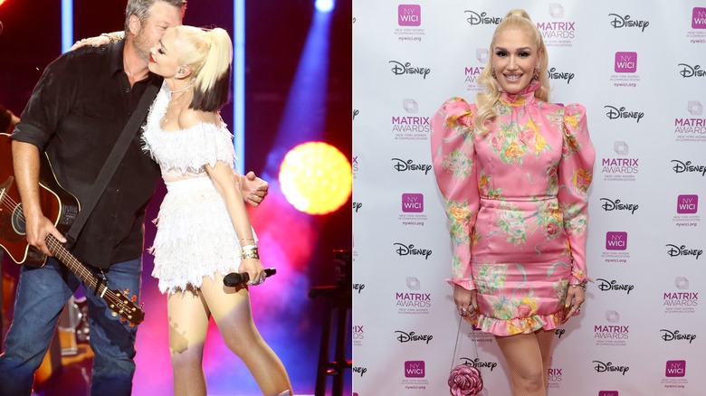 Gwen Stefani in a white dress with Black Shelton on the left and in a pink dress on the right