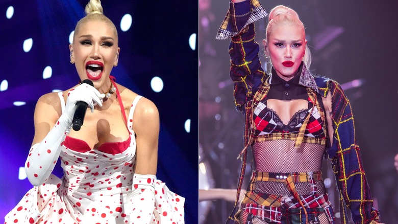 Gwen Stefani wearing outfits with plaid and polka-dot details