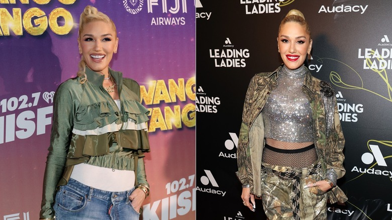 Gwen Stefani wearing outfits with camo and fishnets