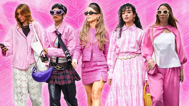 Five women wearing pink outfits