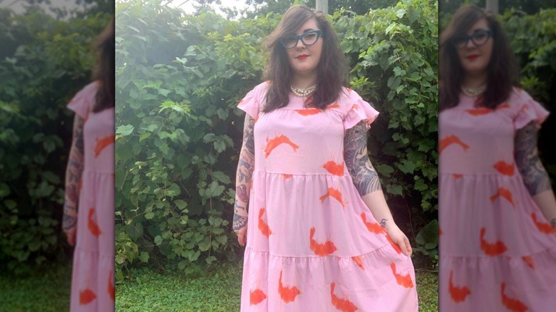 Woman wearing shrimp dress