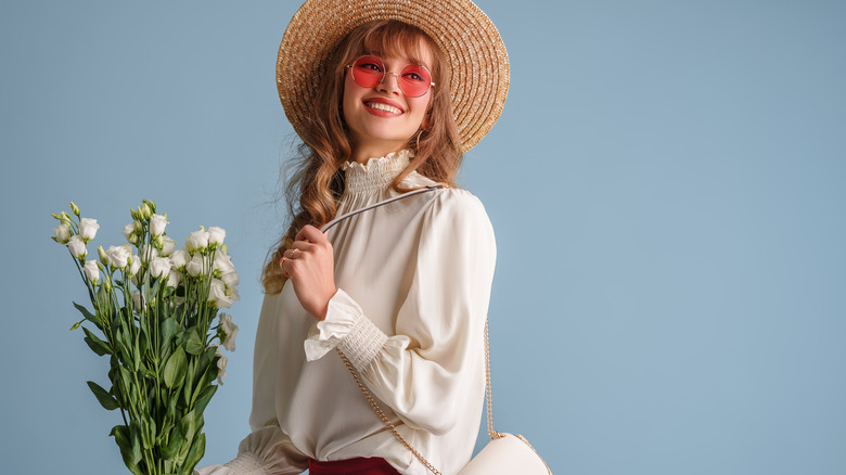 woman in puff sleeve blouse