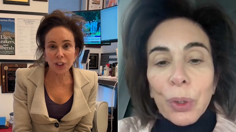 Side by side images of Jeanine Pirro without makeup speaking into the camera