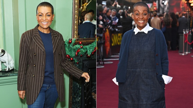 A side-by-side of Adjoa Andoh in a brown striped blazer worn over jeans, next to Adjoa Andoh on a red carpet in a denim pinafore dress worn over a white shirt and under a navy cardigan