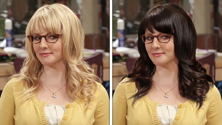 A split image of Melissa Rauch as Bernadette Rostenkowski-Wolowitz on "The Big Bang Theory" with blond and dark hair