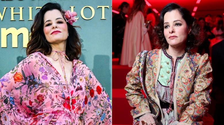 Side-by-side of Parker Posey in a floral kaftan and patterned separates.