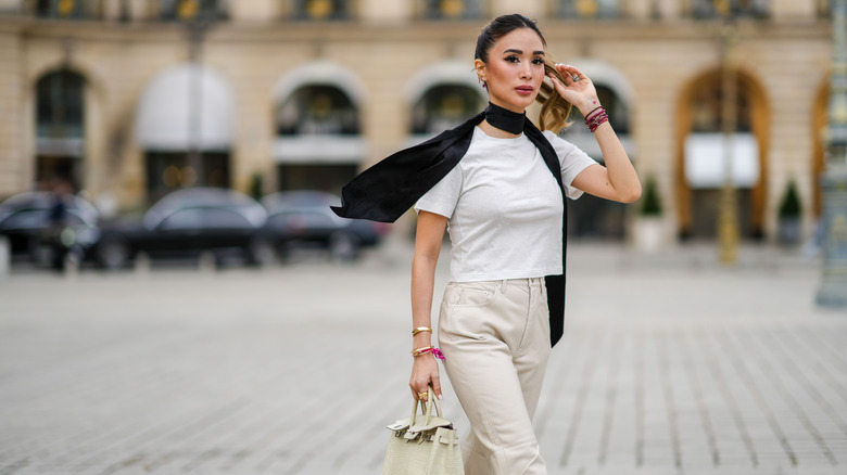 white t-shirt, cropped with scarf