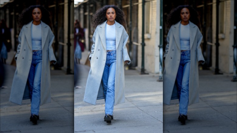 white t-shirt with grey coat