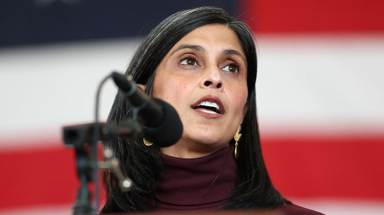 Usha Vance speaking into a microphone