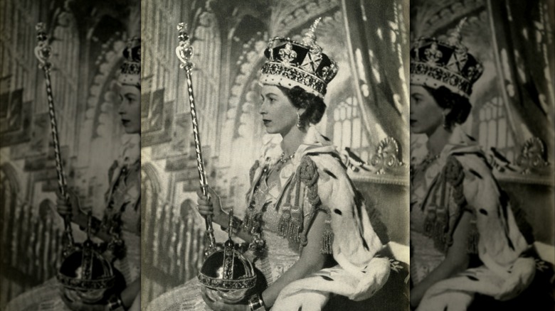 A portrait of Queen Elizabeth II at her coronation.