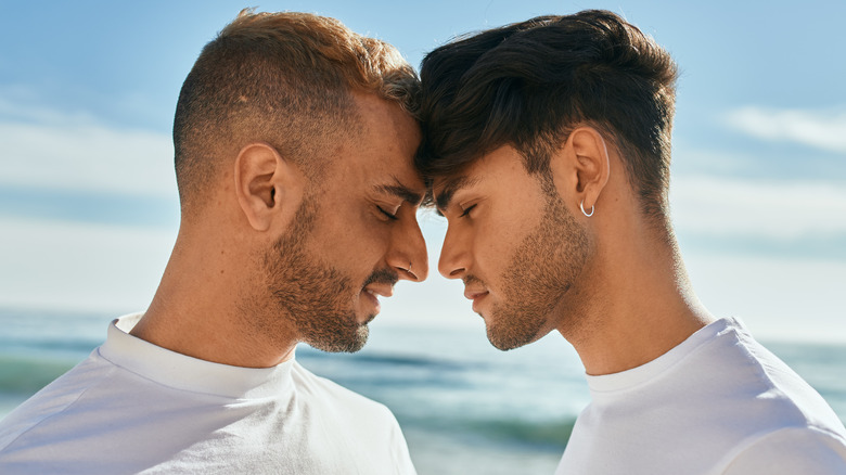 happy gay couple at beach