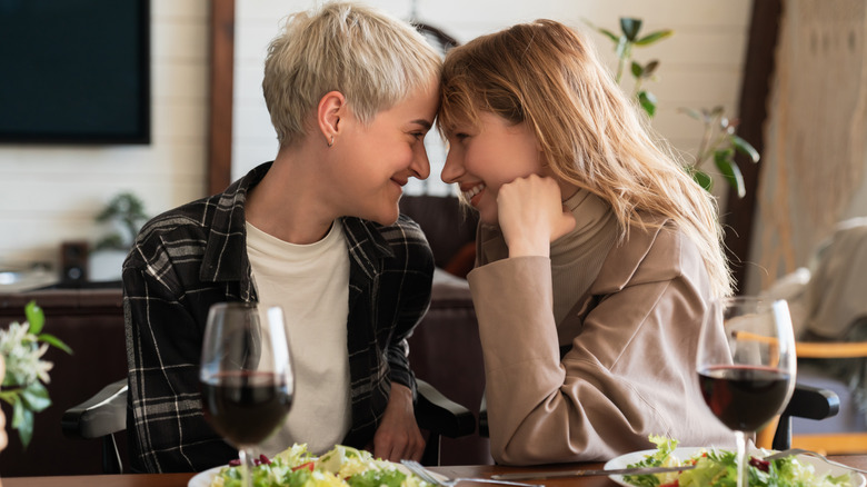 Two women touching foreheads 