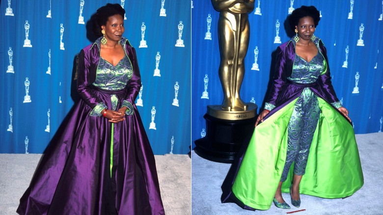 Side-by-side of Whoopi Goldberg at the 1993 Oscars with her dress closed and open.