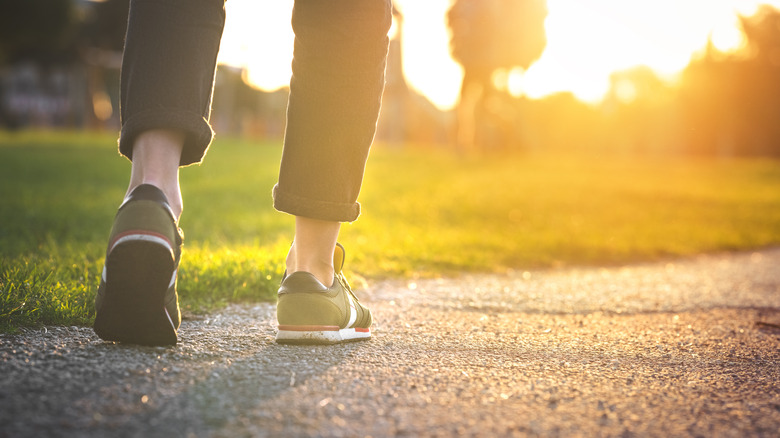 Person walking path in sunlight