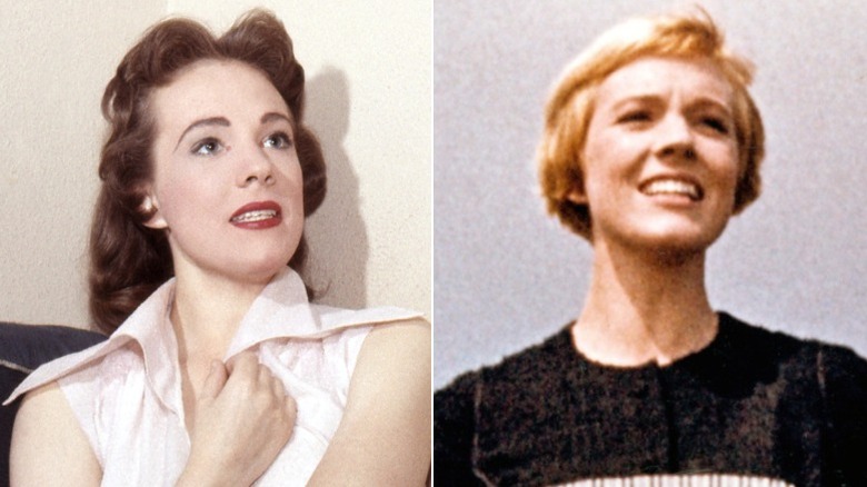 Julia Andrews with her natural brunette hair, and as Maria in The Sound of Music