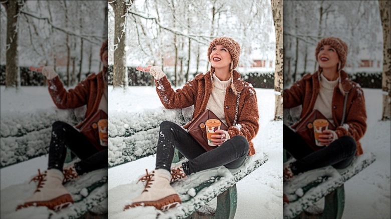 Person wearing vegan snow boots on bench