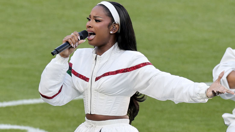 Coco Jones performs at the Super Bowl