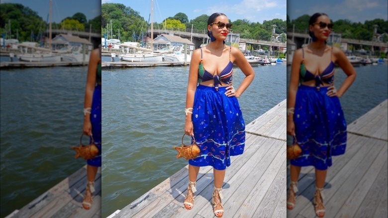 Woman wearing woven gladiator sandals