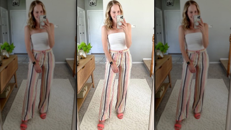 peach striped linen pants