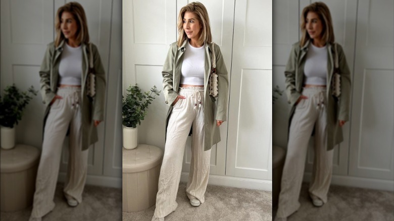 neutral outfit with green overshirt