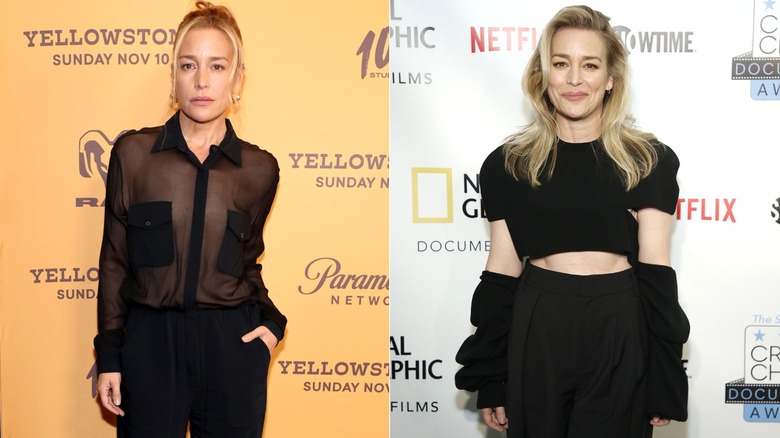 Side-by-side of Piper Perabo wearing casual black outfits on the red carpet.