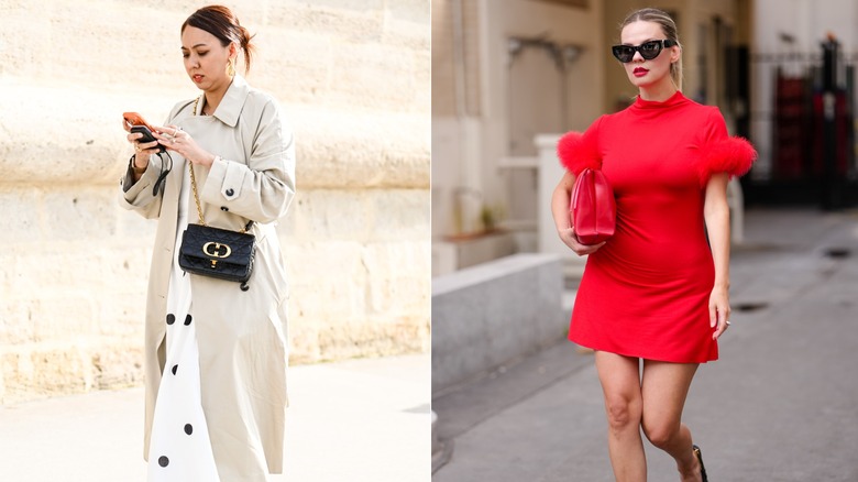 A woman walking in a beige trench with a white dress underneath, and woman wearing a red mini with feathers