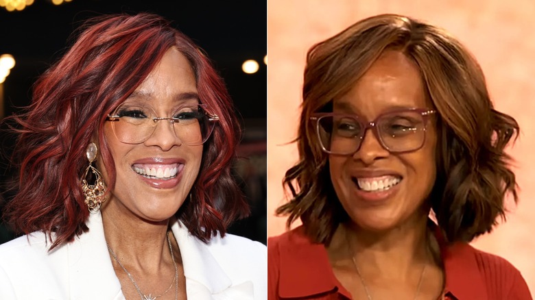 A side-by-side of Gayle King with makeup and without makeup.
