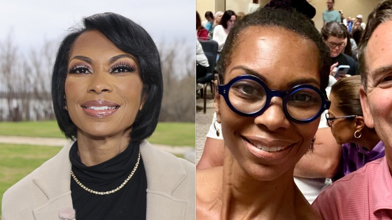 A side-by-side of Harris Faulkner with makeup and without makeup.