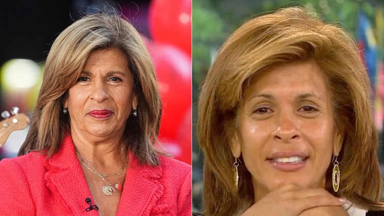 A side-by-side of Hoda Kotb with makeup and without makeup.